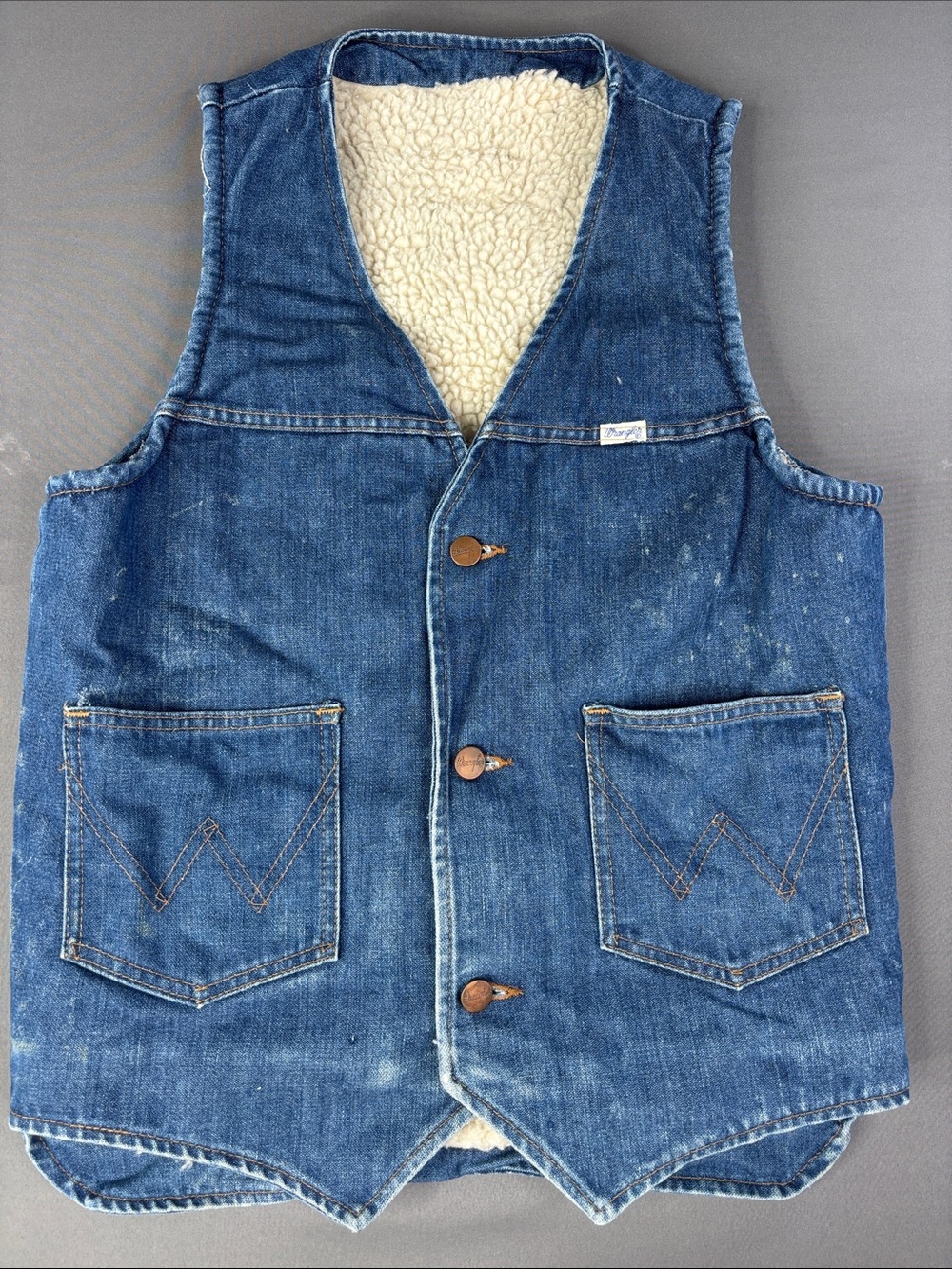 Vintage 80s Wrangler Denim Vest Mens Small Sherpa Line Cowboy Trucker Distressed